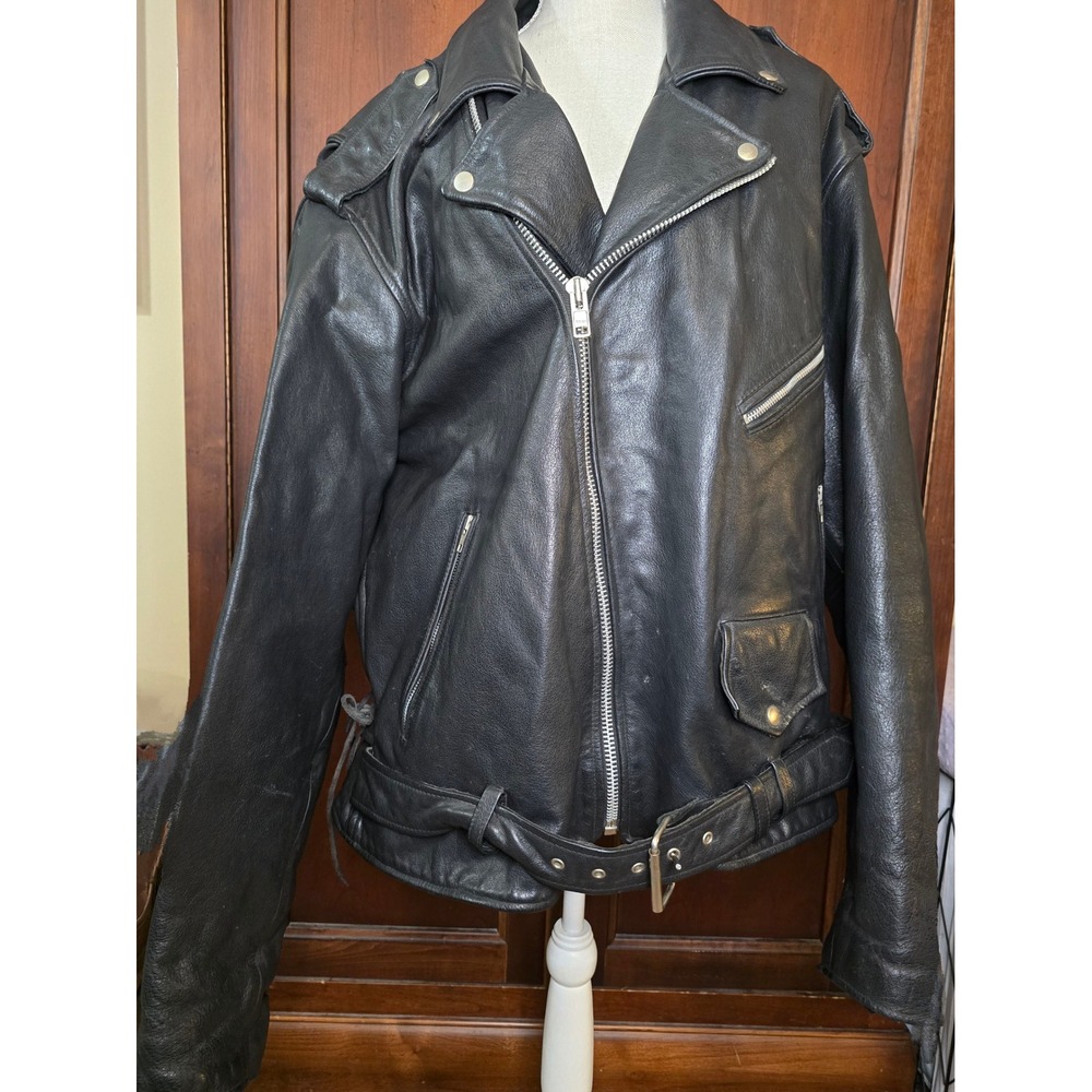 Vintage MOB 5XL Black Leather Motorcycle Biker Jacket Belted Lace Heavyweight - Picture 2 of 15